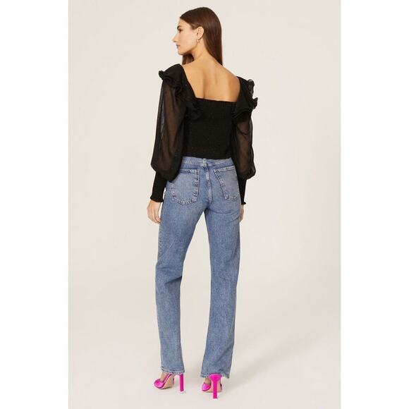 Hutch Women's Black Long Balloon Sleeves Reni Ruffles Metallic Top Size L - Picture 3 of 11